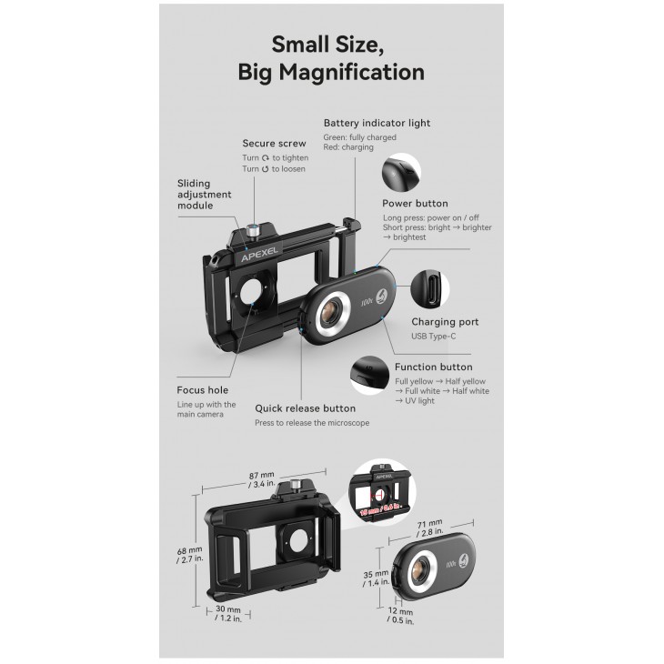 Lentila microscop, Apexel Phone Micro 5, zoom 150x, sistem prindere pentru iPhone 16, 15, 14,13,12,11, Samsung S24/S23/S22, Huawei, Xiaomi, Oppo