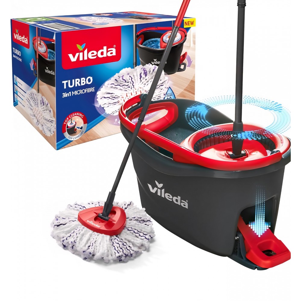 Set mop Vileda Turbo 3-în-1, coadă telescopică 85–130 cm, cap rotativ 360°, găleată cu storcător Power Spinner, mop microfibră lavabil