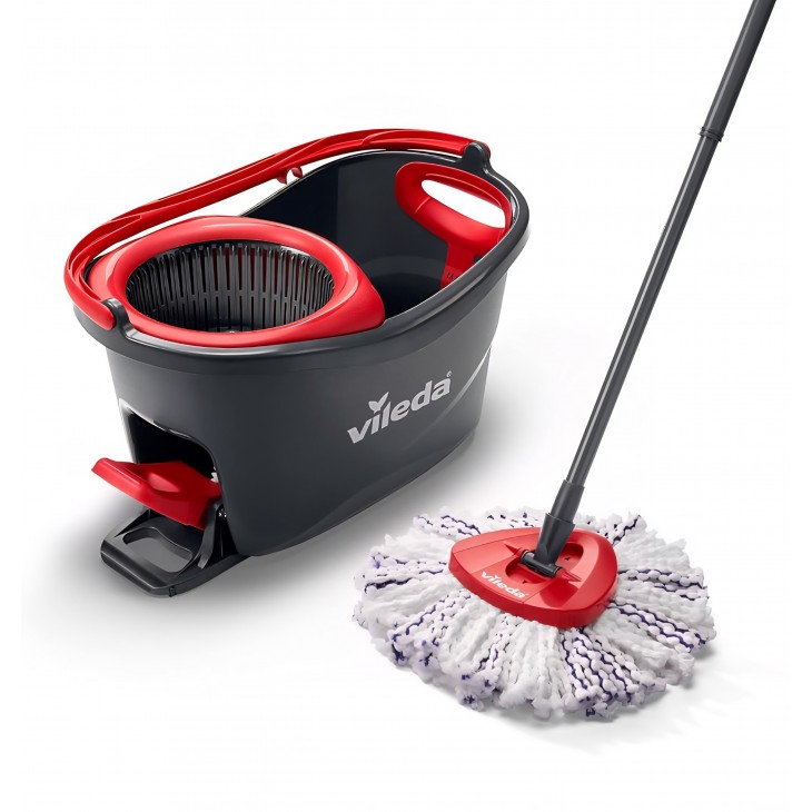 Set mop Vileda Turbo 3-în-1, coadă telescopică 85–130 cm, cap rotativ 360°, găleată cu storcător Power Spinner, mop microfibră lavabil