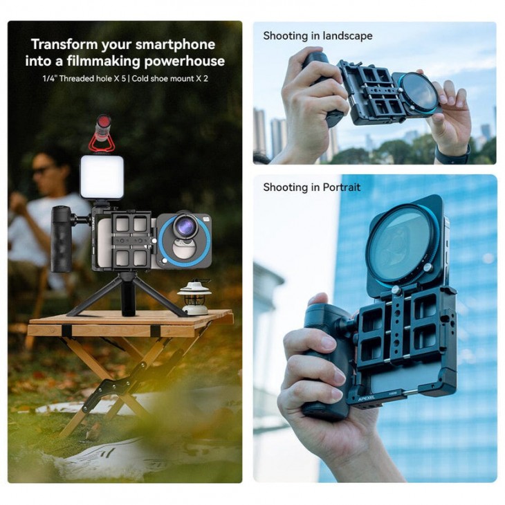 Kit profesional de filmare mobila, Apexel, VideoRig 2 Pro APL-VG05CH, pentru iPhone 16,15,14,13, Samsung S25, S24, S23, Huawei, Oppo