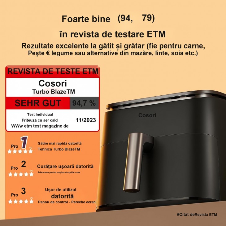 Air Fryer, COSORI TurboBlaze, 9-in-1, 6 L XXL, motor DC silent cu 5 viteze ventilator, Roast, Grill, Bake, Proof, Dehydrate, Frozen, Black