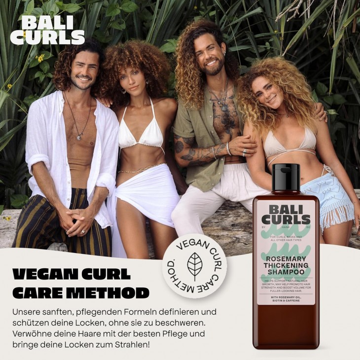 Sampon vegan pentru ingrosare par cret, Bali Curls, cu ulei de rozmarin, biotina, cafeina, 200 ml