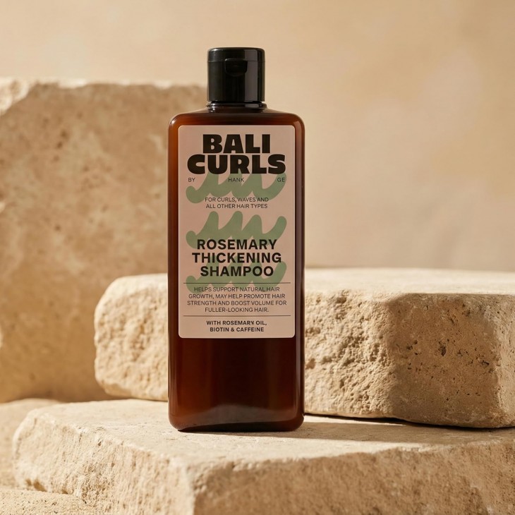 Sampon vegan pentru ingrosare par cret, Bali Curls, cu ulei de rozmarin, biotina, cafeina, 200 ml