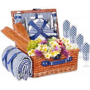 Cos picnic pentru 4 Persoane, Willow Weave GC-06, patura Impermeabila, set Tacamuri Inclus, pliabil, pentru camping, plaja si calatorii, albastru, livrare 7-9 zile