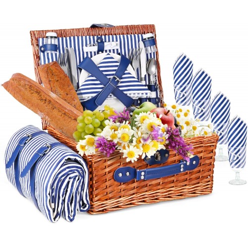 Cos picnic pentru 4 Persoane, Willow Weave GC-06, patura Impermeabila, set Tacamuri Inclus, pliabil, pentru camping, plaja si calatorii, albastru, livrare 7-9 zile