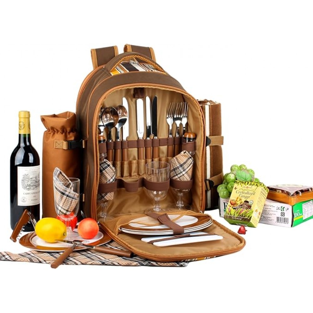 Rucsac picnic, Willow Weave Apollowalker, 4 Persoane, Compartiment Termoizolant, Patura Fleece, Set Picnic Complet, Maro, livrare 7-9 zile