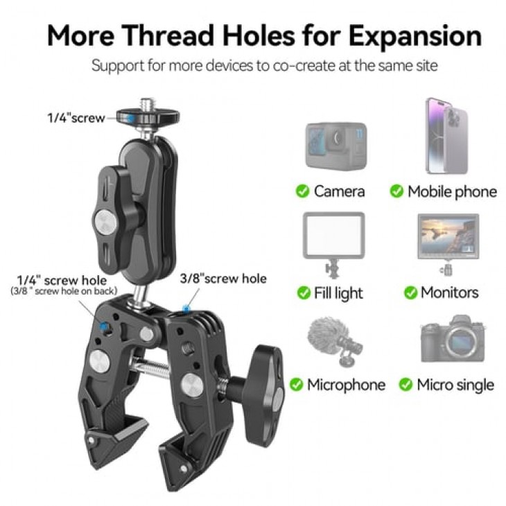  Suport multifunctional cu clema tip crab, Telesin SC-001, rotire 360 grade, surub 1/4, prindere GoPro Hero, monitor, lumina video, microfon