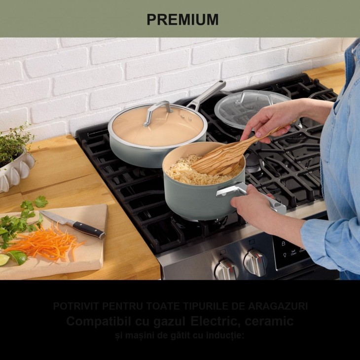 Set vase de gatit, Ninja Extended Life Ceramic Cooking Set 5 piese CW95000DEDB, invelis ceramic antiaderent, compatibile cu cuptorul, Grey