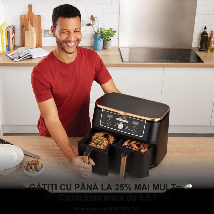 Air Fryer, Ninja Foodi MAX Dual Zone AF400EUCP, 9,5 L, 2 Compartimente, 6-in-1, Cosuri Antiaderente si Lavabile in Masina de Spalat Vase, Copper/Black