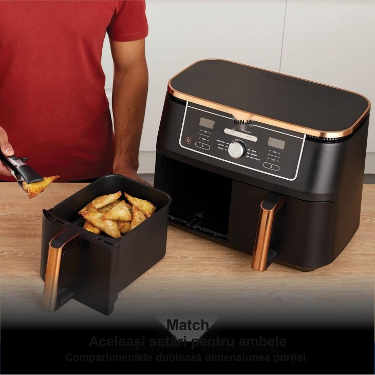 Air Fryer, Ninja Foodi MAX Dual Zone AF400EUCP, 9,5 L, 2 Compartimente, 6-in-1, Cosuri Antiaderente si Lavabile in Masina de Spalat Vase, Copper/Black