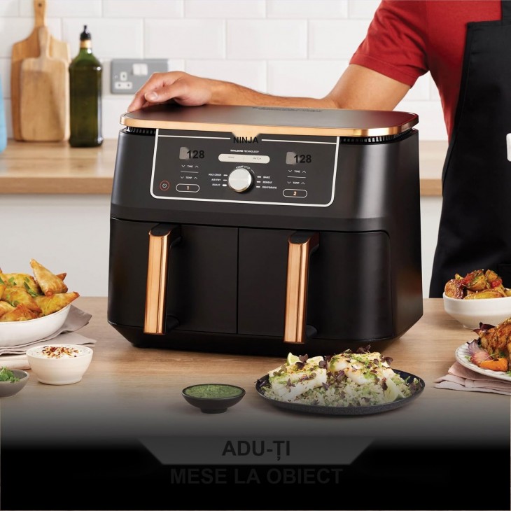 Air Fryer, Ninja Foodi MAX Dual Zone AF400EUCP, 9,5 L, 2 Compartimente, 6-in-1, Cosuri Antiaderente si Lavabile in Masina de Spalat Vase, Copper/Black