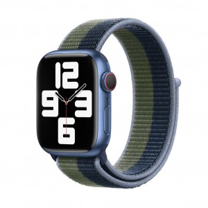 Curea textila sport loop marca THD pentru Apple Watch 45 mm, marime universala, seria 7 si seria 8, cu dungi albastru si verde inchis