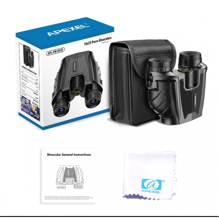 Binoclu Apexel 10X25, rezistent la umezeala, pentru vanatoare, calatorii, concerte, activitati aer liber, marire 10X, camp vizual 1000 metri, culoarea negru