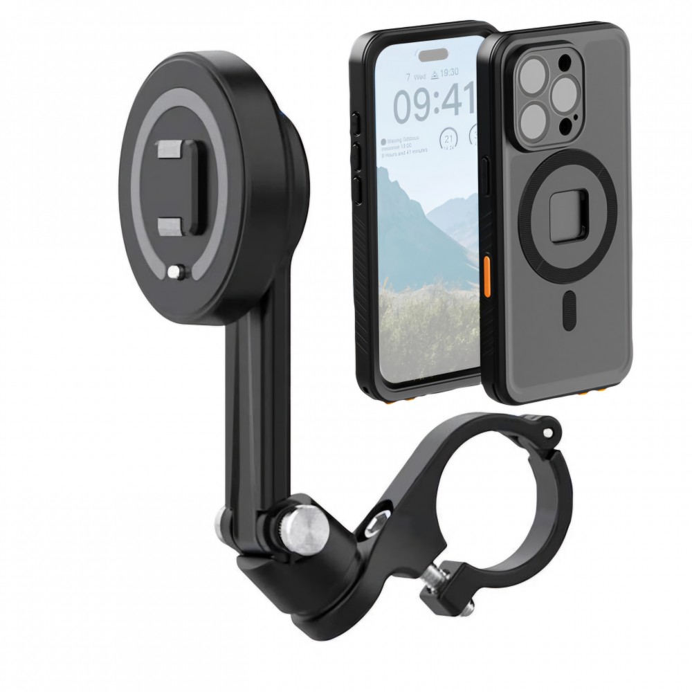 Sistem montare telefon pe ghidon motocicleta cu husa waterproof, TELESIN, compatibil iPhone 16 Pro, blocaj magnetic si siguranta, negru