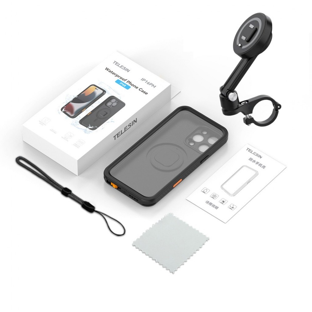 Sistem montare telefon pe ghidon motocicleta cu husa waterproof, TELESIN, compatibil iPhone 16 Pro Max, blocaj magnetic si siguranta, negru