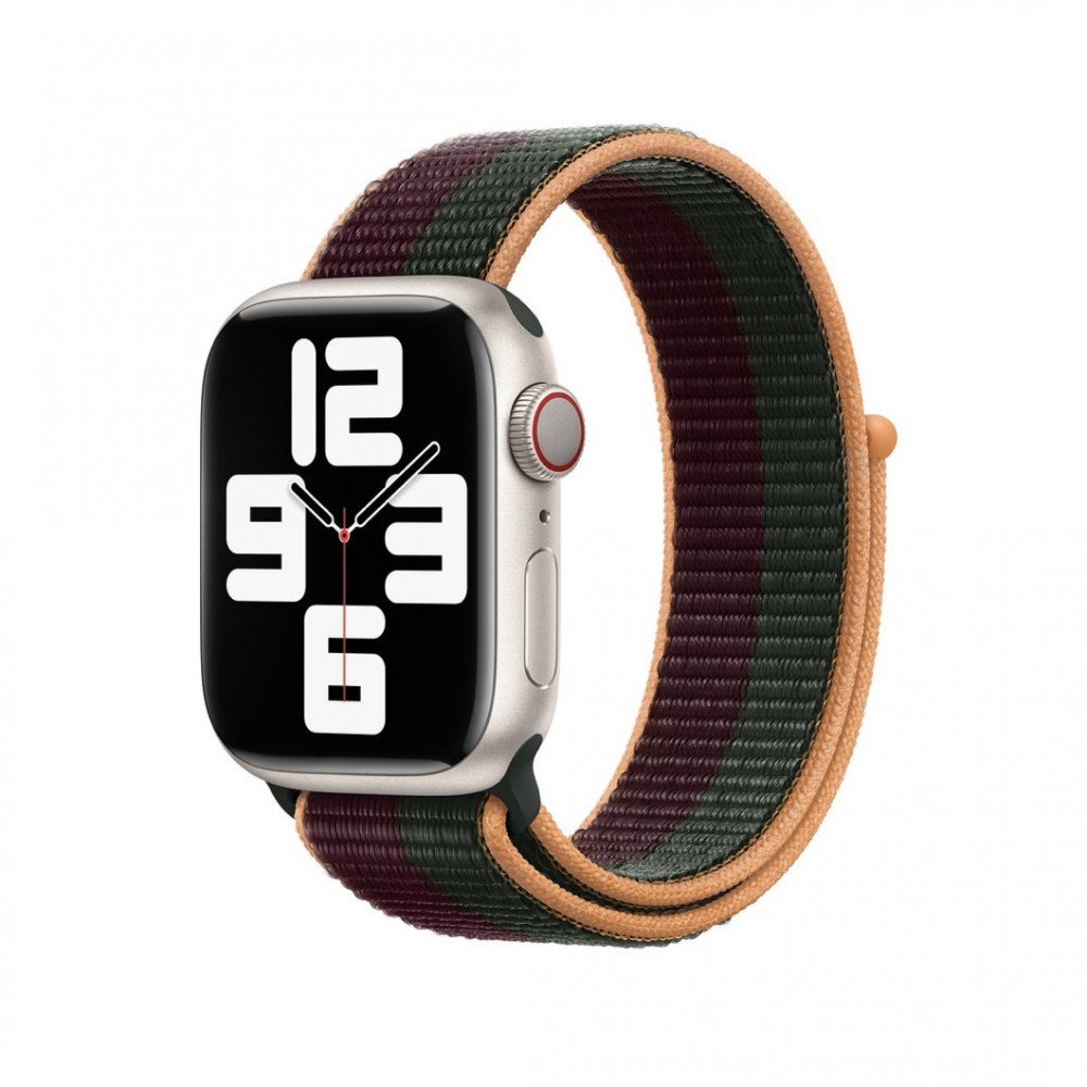 Curea textila sport loop marca THD pentru Apple Watch 45 mm, marime universala, seria 7 si seria 8, cu dunga verde si rosu inchis