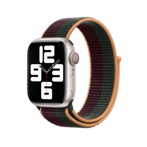 Curea textila sport loop marca THD pentru Apple Watch 45 mm, marime universala, seria 7 si seria 8, cu dunga verde si rosu inchis