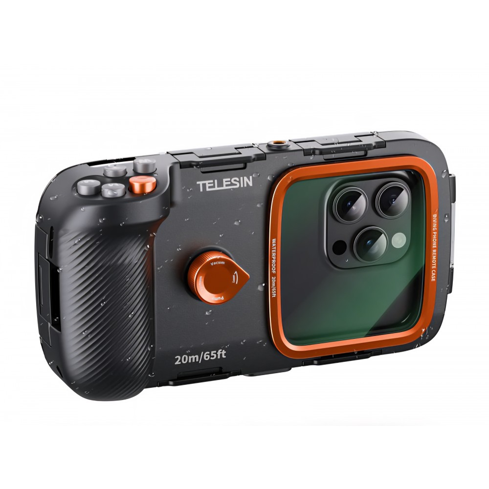 Carcasa subacvatica universala, TELESIN P4-WTP-06, pentru telefoane 5.4"-6.9", iPhone 17, 16, 15,14, Samsung S25, maner foto, Bluetooth, impermeabila 20m