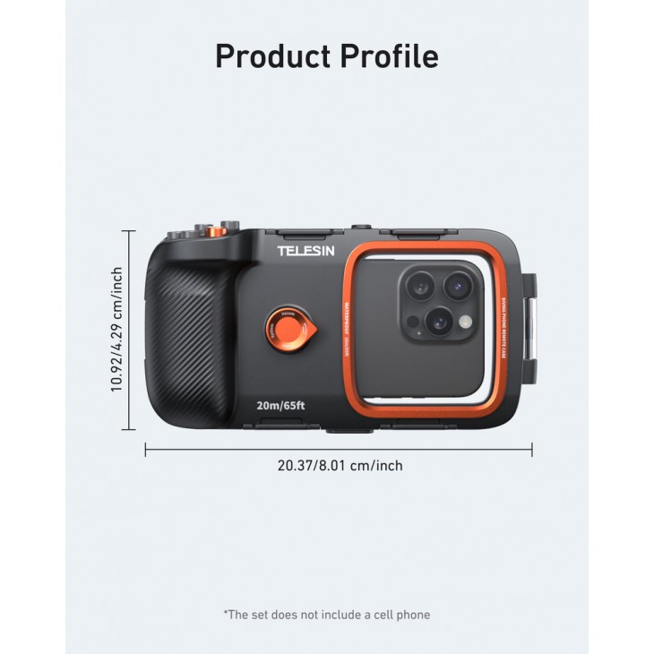 Carcasa subacvatica universala, TELESIN P4-WTP-06, pentru telefoane 5.4"-6.9", iPhone 17, 16, 15,14, Samsung S25, maner foto, Bluetooth, impermeabila 20m