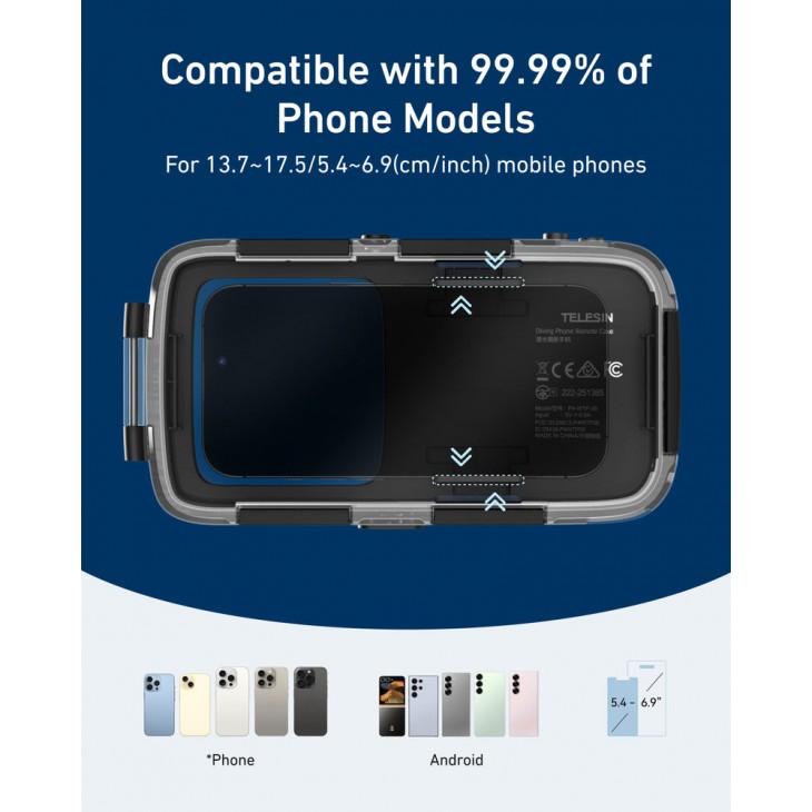 Carcasa subacvatica universala, TELESIN P4-WTP-06, pentru telefoane 5.4"-6.9", iPhone 17, 16, 15,14, Samsung S25, maner foto, Bluetooth, impermeabila 20m