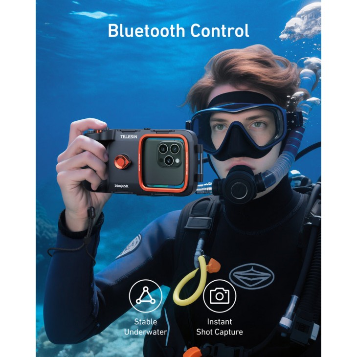 Carcasa subacvatica universala, TELESIN P4-WTP-06, pentru telefoane 5.4"-6.9", iPhone 17, 16, 15,14, Samsung S25, maner foto, Bluetooth, impermeabila 20m