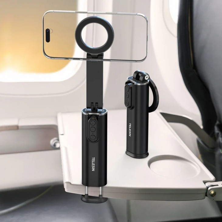 Selfie stick pentru vlogging, Telesin P1-HSS-02, fixare magnetica iPhone 16,15,14,13,12, telecomandă Bluetooth, negru