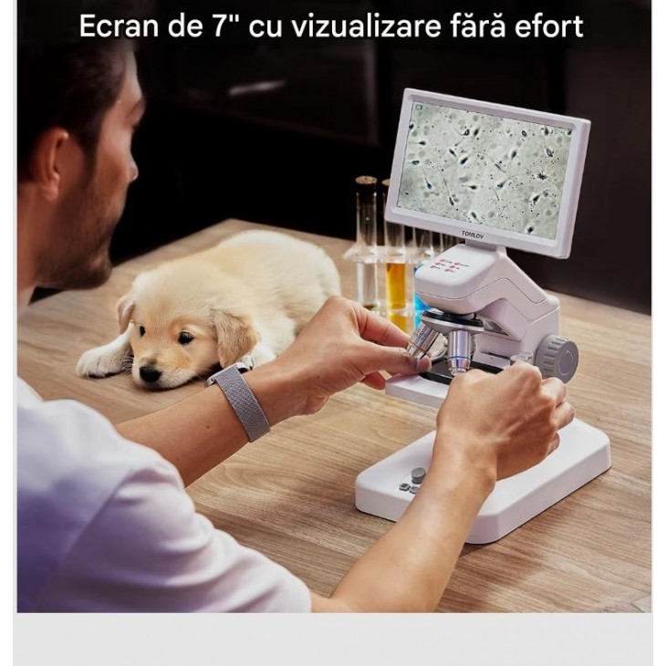 Microscop Digital Biologic TOMLOV DM301 Pro, 3 Lentile, Ecran LCD IPS 7", Magnificare pana la 1200X, Camera 8MP, Video 1080P, Iluminare LED Duala, WiFi, USB si HDMI, livrare 7-9 zile