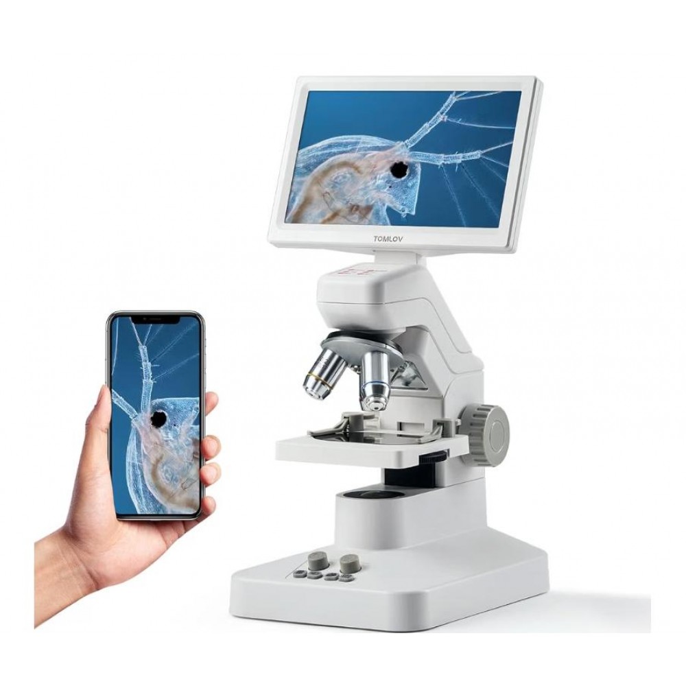 Microscop Digital Biologic TOMLOV DM301 Pro, 3 Lentile, Ecran LCD IPS 7", Magnificare pana la 1200X, Camera 8MP, Video 1080P, Iluminare LED Duala, WiFi, USB si HDMI, livrare 7-9 zile