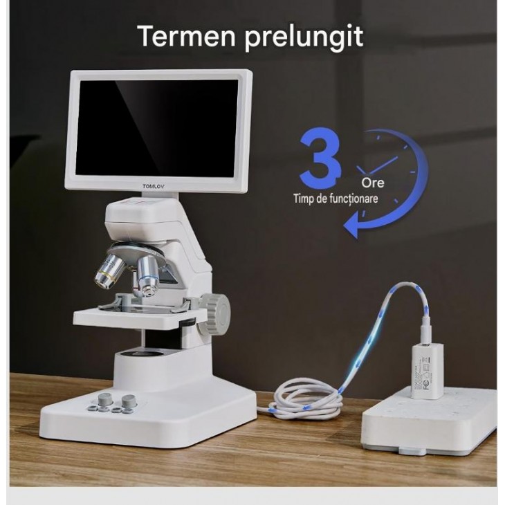 Microscop Digital Biologic TOMLOV DM301 Pro, 3 Lentile, Ecran LCD IPS 7", Magnificare pana la 1200X, Camera 8MP, Video 1080P, Iluminare LED Duala, WiFi, USB si HDMI, livrare 7-9 zile
